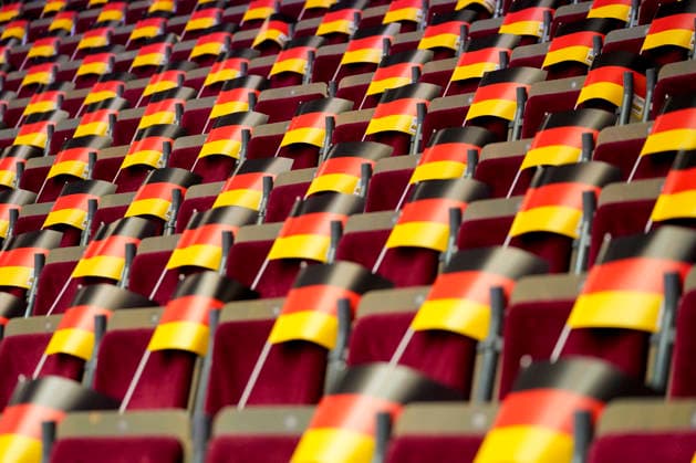 German flag on the seats for the fans during the 27th IHF Women s Handball World Championship, WM, Weltmeisterschaft Quarter final match between Germany and Brazil at Westfalenhalle on December 9, 2025 in Dortmund, Germany. (Photo by Alex Gottschalk DeFodi Images)