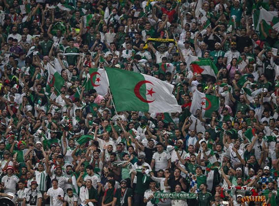 Algeria v Iraq : FIFA Arab Cup 2025 Fans of Algeria cheer during the Group D FIFA Arab Cup 2025 match between Algeria and Iraq at Khalifa International Stadium in Doha, Qatar, on December 09, 2025. DOHA Qatar Copyright: xNOUSHADxTHEKKAYILx