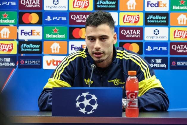 Arsenal s Gabriel Martinelli pictured during a press conference, PK, Pressekonferenz of English soccer team Arsenal F.C., on Tuesday 09 December 2025 in Brugge. The team is preparing for tomorrow s game against Belgian Club Brugge KV, on day six of the League phase of the UEFA Champions League tournament. BRUNOxFAHY  x147718230x