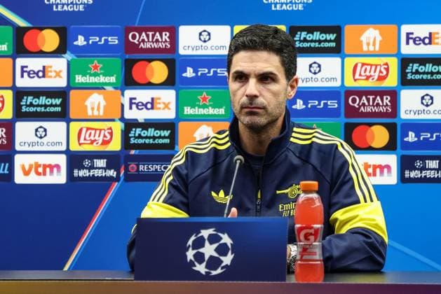 Arsenal s head coach Mikel Arteta pictured during a press conference, PK, Pressekonferenz of English soccer team Arsenal F.C., on Tuesday 09 December 2025 in Brugge. The team is preparing for tomorrow s game against Belgian Club Brugge KV, on day six of the League phase of the UEFA Champions League tournament. BRUNOxFAHY  x147722007x