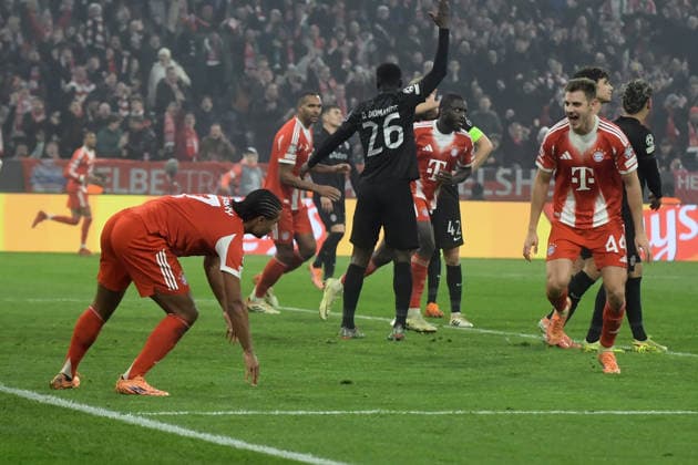 09.12.2025, xemx, Fussball UEFA Champions League, FC Bayern Muenchen - Sporting Lissabon v.l. Torjubel nach dem Tor zum celebrating the goal celebrate 1:1 durch Serge Gnabry (FC Bayern Muenchen) (DFL DFB REGULATIONS PROHIBIT ANY USE OF PHOTOGRAPHS as IMAGE SEQUENCES and or QUASI-VIDEO) Muenchen