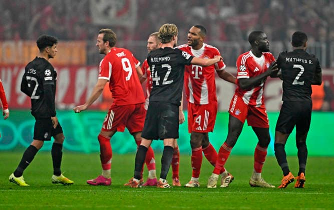 09.12.2025, Fussball UEFA Championsleague 2025 2026: Vorrunde 6.Spieltag, FC Bayern München - Sporting Lissabon, in der Allianz-Arena München. Rudelbildung Morten Hjulmand (Sporting Lissabon) und Jonathan Tah (FC Bayern München) streiten sich,