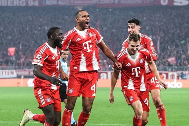 Fussball, UEFA Champions League Saison 2025 2026 Ligaphase - 6. Spieltag FC Bayern München - Sporting Clube de Portugal 09.12.2025, Allianz Arena Torjubel FC Bayern München nach dem Tor zum 3-1 durch Jonathan Tah (FC Bayern München, 4), die Spieler freuen sich München Allianz Arena Bayern Deutschland