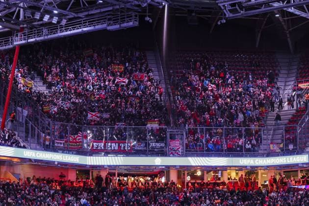 EINDHOVEN , 09-12-2025 , Philips Stadium , season 2025 2026 , Champions League football, League phase , Matchday 6 , match between PSV and Atletico Madrid , picture shows Atletico Madrid fans in the stand PSV - Atletico Madrid  x200082634x Copyright: