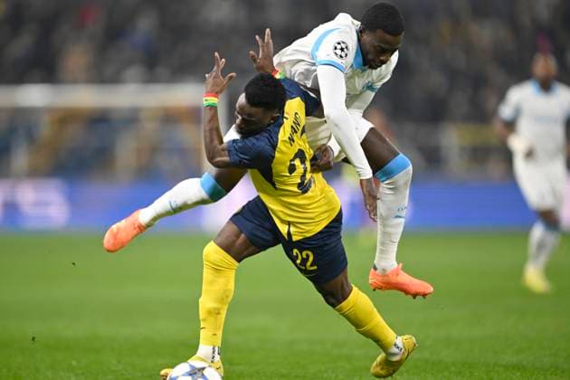 Royale Union Saint-Gilloise v Marseille - UEFA Champions League BRUSSELS, BELGIUM - DECEMBER 09 : Niang Ousseynou midfielder of Union Saint-Gilloise and Weah Timothy midfielder of OM Marseille during the UEFA Champions League 2025 26 League Phase MD6 match between Royale Union Saint-Gilloise and Marseille on December 9, 2025 in Brussels, Belgium, 09 12 2025 Brussels Belgium  Copyright: xNicoxVereeckenx
