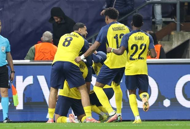 Union s Anan Khalaili celebrates after scoring during a soccer game between Belgian Royale Union Saint-Gilloise and French Olympique de Marseille, on Tuesday 09 December 2025 in Brussels, on the sixth day of the League phase of the UEFA Champions League tournament. VIRGINIExLEFOUR  x147740940x