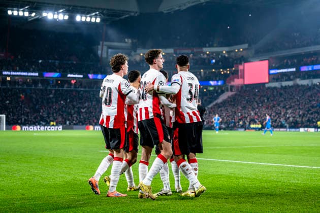 PSV Eindhoven midfielder Guus Til celebrating the goal 1-0, during the match PSV Eindhoven vs Atletico de Madrid at the Philips stadium for the Champions League - League phase - Matchday 6 season 2025-2026 in EINDHOVEN, Netherlands on 9 December 2025, (photo by Stefan Koops EYE4images DeFodi Images)