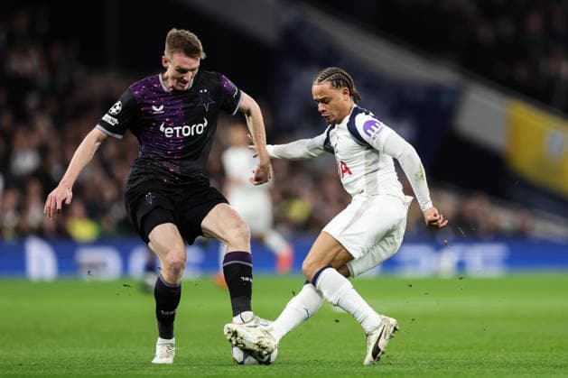 London, England, 9th December 2025. Xavi Simons of Tottenham and Å tepan Chaloupek of Slavia Prague battle for the ball during the Tottenham Hotspur vs Slavia Prague UEFA Champions League match at the Tottenham Hotspur Stadium, London. Picture credit should read: David Klein Sportimage EDITORIAL USE ONLY. No use with unauthorised audio, video, data, fixture lists, club league logos or live services. Online in-match use limited to 120 images, no video emulation. No use in betting, games or single club league player publications. SPI_016_DK_TOT_SLA SPI-4359-0018