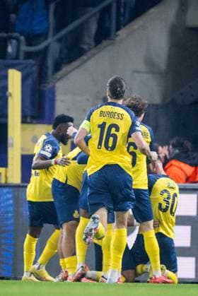 Union s Anan Khalaili celebrates after scoring during a soccer game between Belgian Royale Union Saint-Gilloise and French Olympique de Marseille, on Tuesday 09 December 2025 in Brussels, on the sixth day of the League phase of the UEFA Champions League tournament. JASPERxJACOBS  x147741155x