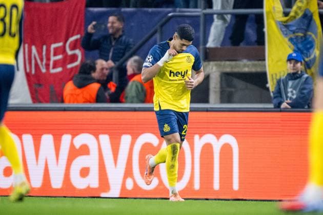 Union s Anan Khalaili celebrates after scoring during a soccer game between Belgian Royale Union Saint-Gilloise and French Olympique de Marseille, on Tuesday 09 December 2025 in Brussels, on the sixth day of the League phase of the UEFA Champions League tournament. JASPERxJACOBS  x147741276x