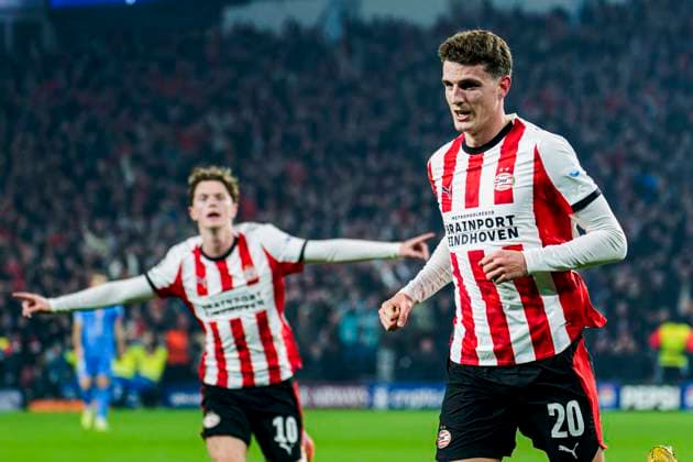 Guus Til of PSV Eindhoven celebrates after scoring his teams first goal PSV Eindhoven v Atletico de Madrid, UEFA Champions League 2025 26 League Phase MD6, PSV Eindhoven v Atletico de Madrid, PSV Stadion, December 9, 2025, Eindhoven, Netherlands.