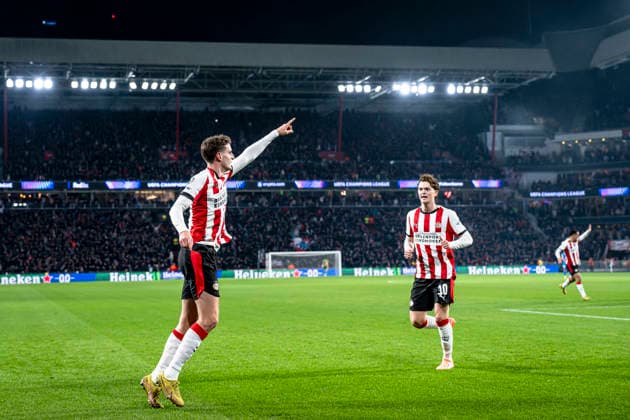 PSV Eindhoven midfielder Guus Til celebrating the goal 1-0, during the match PSV Eindhoven vs Atletico de Madrid at the Philips stadium for the Champions League - League phase - Matchday 6 season 2025-2026 in EINDHOVEN, Netherlands on 9 December 2025, (photo by Stefan Koops EYE4images DeFodi Images)