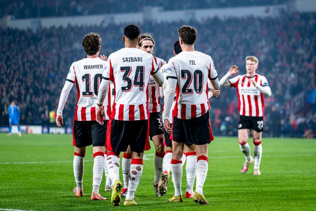 PSV Eindhoven midfielder Guus Til celebrating the goal 1-0, during the match PSV Eindhoven vs Atletico de Madrid at the Philips stadium for the Champions League - League phase - Matchday 6 season 2025-2026 in EINDHOVEN, Netherlands on 9 December 2025, (photo by Stefan Koops EYE4images DeFodi Images)