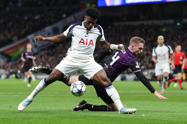 Tpttenham v Slavia Praha 9th December 2025, London - Champions League Football - Tottenham Hotspur v SK Slavia Praha - Mohammed Kudus of Tottenham Hotspur and David Zima of Slavia Praha - Photo: Charlotte Wilson Offside. London UK Copyright: xCharlottexWilsonx xOffsidexOffside