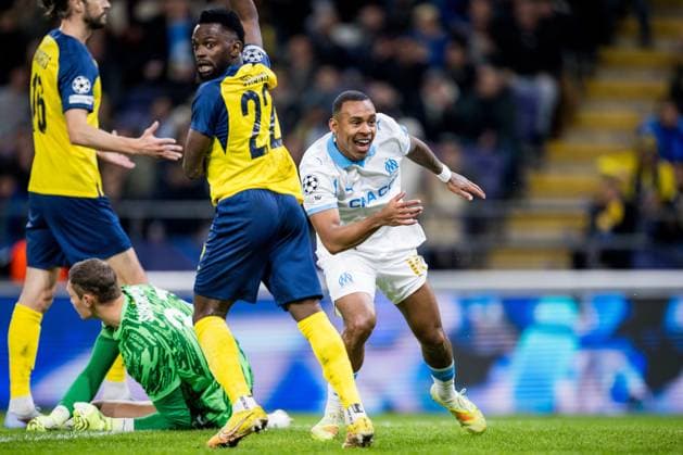 Marseille s Igor Paixao celebrates after scoring during a soccer game between Belgian Royale Union Saint-Gilloise and French Olympique de Marseille, on Tuesday 09 December 2025 in Brussels, on the sixth day of the League phase of the UEFA Champions League tournament. JASPERxJACOBS  x147744100x