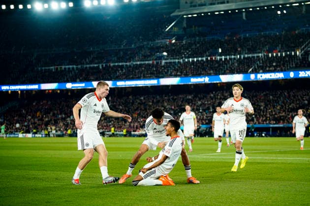 Spain-Football-Champions League FC Barcelona, Barca v Eintracht Frankfurt in Barcelona, Spain. Barcelona, Spain, 9, December, 2025. Eintracht Frankfurt player (07) Ansgar Knauff celebrates his score during Champions League match between FC Barcelona and Eintracht Frankfurt in Spotify Camp Nou Stadium, Barcelona, Spain, on December 9, 2025. Barcelona Spotify Camp Nou Stadium Barcelona Spain
