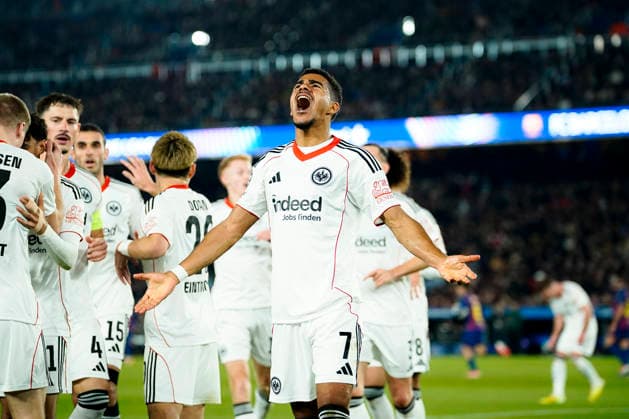 Spain-Football-Champions League FC Barcelona, Barca v Eintracht Frankfurt in Barcelona, Spain. Barcelona, Spain, 9, December, 2025. Eintracht Frankfurt player (07) Ansgar Knauff celebrates his score during Champions League match between FC Barcelona and Eintracht Frankfurt in Spotify Camp Nou Stadium, Barcelona, Spain, on December 9, 2025. Barcelona Spotify Camp Nou Stadium Barcelona Spain