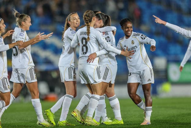 ESP, Madrid, Real Madrid vs VfL Wolfsburg, Women s Champions League, Fussball, UEFA, Spielzeit 2025 2026, Alfredo di Stefano, 5. Spieltag im Bild: Maria Mà ndez (Real Madrid 14), Tor, Freude, Jubel und Emotion (Gol, alegria, jubilo y emocion) Tor zum 1:0 gegen Wolfsburg DFB DFL REGULATIONS PROHIBIT ANY USE OF PHOTOGRAPHS AS IMAGE SEQUENCES AND OR QUASI-VIDEO, 09.12.2025 Copyright: HMBxMedia HendrikxHamelau