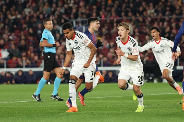 FBL-SPA CL FC Barcelona, Barca - Eintracht Frankfurt Ansgar Knauff (Eintracht Frankfurt), Ritsu Doan (Eintracht Frankfurt) celebrates after scoring the first goal during the Champions League phase Matchday 6 football match between FC Barcelona - Eintracht Frankfurt an Camp Nou Barcelona, on December 09, 2025. Copyright: JoaquimxFerreira
