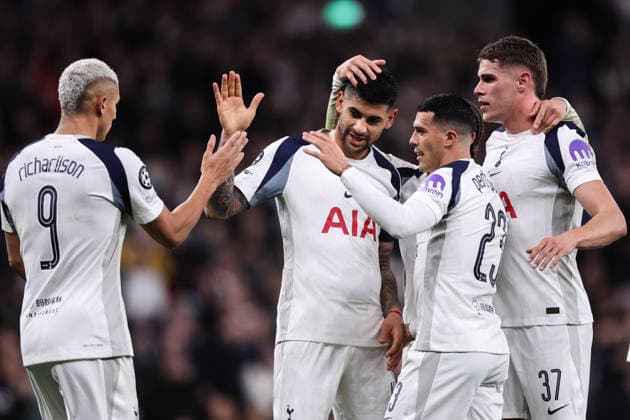 London, England, 9th December 2025. Tottenham Hotspur players celebrate their side s goal to make it 1-0 during the Tottenham Hotspur vs Slavia Prague UEFA Champions League match at the Tottenham Hotspur Stadium, London. Picture credit should read: David Klein Sportimage EDITORIAL USE ONLY. No use with unauthorised audio, video, data, fixture lists, club league logos or live services. Online in-match use limited to 120 images, no video emulation. No use in betting, games or single club league player publications. SPI_025_DK_TOT_SLA SPI-4359-0027