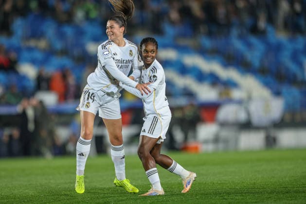 ESP, Madrid, Real Madrid vs VfL Wolfsburg, Women s Champions League, Fussball, UEFA, Spielzeit 2025 2026, Alfredo di Stefano, 5. Spieltag im Bild: Maria Mà ndez (Real Madrid 14), Tor, Freude, Jubel und Emotion (Gol, alegria, jubilo y emocion) Tor zum 1:0 gegen Wolfsburg DFB DFL REGULATIONS PROHIBIT ANY USE OF PHOTOGRAPHS AS IMAGE SEQUENCES AND OR QUASI-VIDEO, 09.12.2025 Copyright: HMBxMedia HendrikxHamelau