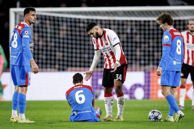 EINDHOVEN - (l-r) Marc Pubill of Atletico Madrid, Koke of Atletico Madrid, Ismael Saibari of PSV Eindhoven, and Pablo Barrios of Atletico Madrid during the UEFA Champions League match between PSV Eindhoven and AtlÃ tico Madrid at the Phillips Stadium on December 9, 2025, in Eindhoven, Netherlands. ANP SEM VAN DER WAL UEFA Champions League matchday 6 2025-2026 xVIxANPxSportx xxANPxIVx 544419931 originalFilename: 544419931.jpg