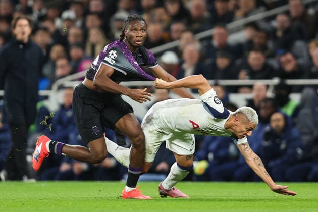 Tpttenham v Slavia Praha 9th December 2025, London - Champions League Football - Tottenham Hotspur v SK Slavia Praha - Richarlison of Tottenham Hotspur and Igoh Ogbu of Slavia Praha - Photo: Charlotte Wilson Offside. London UK Copyright: xCharlottexWilsonx xOffsidexOffside