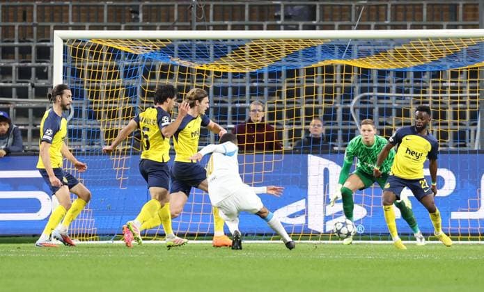 Marseille s Mason Greenwood scoring the 1-2 goal during a soccer game between Belgian Royale Union Saint-Gilloise and French Olympique de Marseille, on Tuesday 09 December 2025 in Brussels, on the sixth day of the League phase of the UEFA Champions League tournament. VIRGINIExLEFOUR  x147750117x