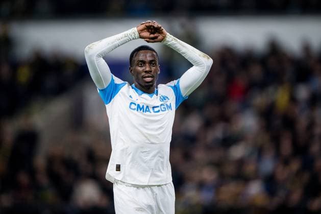Marseille s Timothy Weah reacts during a soccer game between Belgian Royale Union Saint-Gilloise and French Olympique de Marseille, on Tuesday 09 December 2025 in Brussels, on the sixth day of the League phase of the UEFA Champions League tournament. JASPERxJACOBS  x147753175x