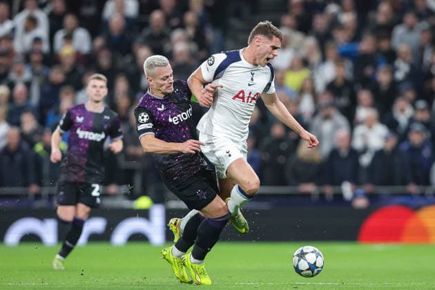 9th December 2025; Tottenham Hotspur Stadium, London, England; UEFA Champions League Football, Tottenham Hotspur versus Slavia Prague; Tomas Holes of Slavia Prague tackles Micky van de Ven of Tottenham Hotspur  IanxStephen