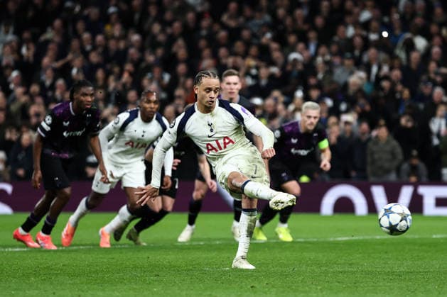 London, England, 9th December 2025. Xavi Simons of Tottenham scores a penalty to make it 3-0 during the Tottenham Hotspur vs Slavia Prague UEFA Champions League match at the Tottenham Hotspur Stadium, London. Picture credit should read: David Klein Sportimage EDITORIAL USE ONLY. No use with unauthorised audio, video, data, fixture lists, club league logos or live services. Online in-match use limited to 120 images, no video emulation. No use in betting, games or single club league player publications. SPI_053_DK_TOT_SLA SPI-4359-0053