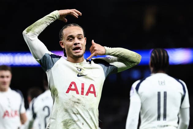 London, England, 9th December 2025. Xavi Simons of Tottenham celebrates his goal to make it 3-0 during the Tottenham Hotspur vs Slavia Prague UEFA Champions League match at the Tottenham Hotspur Stadium, London. Picture credit should read: David Klein Sportimage EDITORIAL USE ONLY. No use with unauthorised audio, video, data, fixture lists, club league logos or live services. Online in-match use limited to 120 images, no video emulation. No use in betting, games or single club league player publications. SPI_059_DK_TOT_SLA SPI-4359-0059