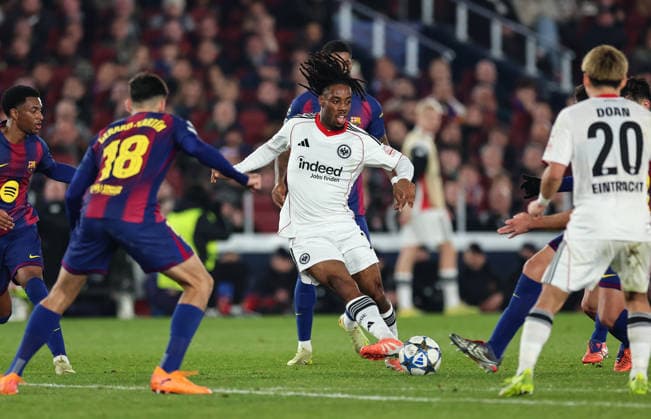 09.12.2025, Fussball UEFA Champions League, FC Barcelona, Barca - Eintracht Frankfurt, v.l., Elye Wahi (Eintracht Frankfurt) DFL DFB REGULATIONS PROHIBIT ANY USE OF PHOTOGRAPHS AS IMAGE SEQUENCES AND OR QUASI-VIDEO. xdcx Copyright: HMBxMedia Claus