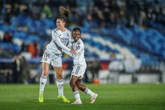 ESP, Madrid, Real Madrid vs VfL Wolfsburg, Women s Champions League, Fussball, UEFA, Spielzeit 2025 2026, Alfredo di Stefano, 5. Spieltag im Bild: Maria Mà ndez (Real Madrid 14), Tor, Freude, Jubel und Emotion (Gol, alegria, jubilo y emocion) Tor zum 1:0 gegen Wolfsburg DFB DFL REGULATIONS PROHIBIT ANY USE OF PHOTOGRAPHS AS IMAGE SEQUENCES AND OR QUASI-VIDEO, 09.12.2025 Copyright: HMBxMedia HendrikxHamelau