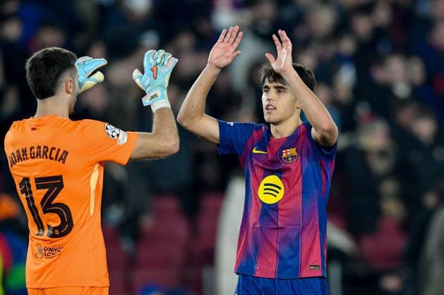 FC Barcelona, Barca v EINTRACHT FRANKFURT SPOTIFY CAMP NOU. BARCELONA. December 9,2025 FC BARCELONA vs EINTRACHT FRANKFURT December 9,2025 Joan Garcia (13) goalkeeper of FC Barcelona and Pau Cubarsi (5) of FC Barcelona at the end of the soccer match corresponding to the sixth match of the group stage of the UEFA Champions League between FC Barcelona and Eintracht Frankfurt at Spotify Camp Nou in Barcelona, Spain. Barcelona ESP Copyright: xS.xRosx