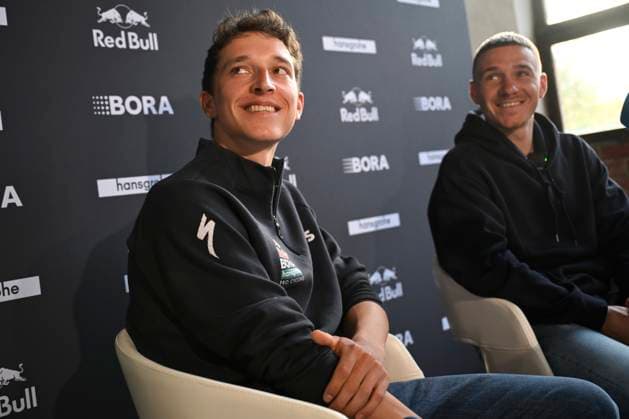 Media day of Red Bull-BORA-hansgrohe BINISSALEM, SPAIN - DECEMBER 10 : Evenepoel Remco (BEL) of Red Bull BORA - Hansgrohe and Lipowitz Florian (GER) of Red Bull BORA - Hansgrohe pictured during the media day of the Red Bull-BORA-hansgrohe cycling team at Central Studios Mallorca on December 10, 2025 in Binissalem, Spain, 10 12 2025 Binissalem Spain  Copyright: xJanxDexMeuleneirx