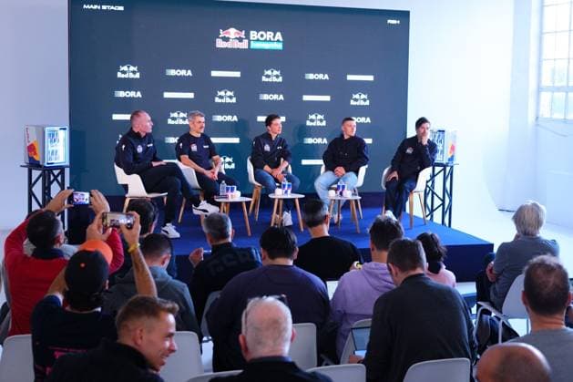 Red Bull-BORA-hansgrohe sports director Zak Dempster, general manager Ralph Denk, German Florian Lipowitz, Belgian Remco Evenepoel and Slovenian Primoz Roglic pictured during the media day of the Red Bull-BORA-hansgrohe cycling team in Binissalem, Mallorca, Spain, Wednesday 10 December 2025. JOMAxGARCIAxIxGISBERT  x147936718x