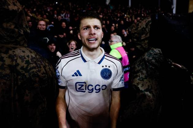 BAKU , 10-12-2025 , Tofiq Bahramov Stadion , Season 2025 2026 , UEFA Champions League football , match between FK Qarabag and Ajax Amsterdam , picture shows goal celebration by Ajax player Anton Gaaei Qarabag - Ajax  x200104328x Copyright: