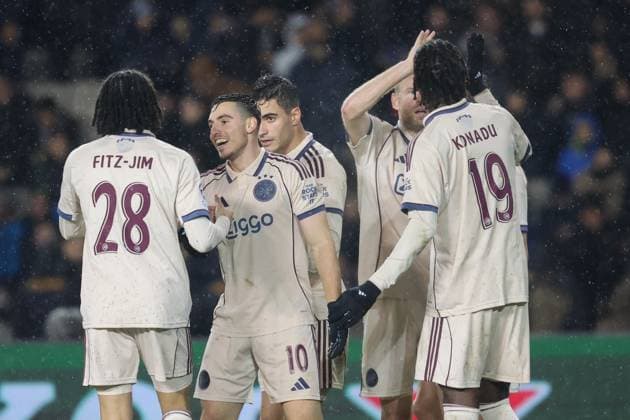 BAKU , 10-12-2025 , Tofiq Bahramov Stadion , Season 2025 2026 , UEFA Champions League football , match between FK Qarabag and Ajax Amsterdam , picture shows goal celebration by Ajax player Oscar Gloukh Qarabag - Ajax  x200104631x Copyright: