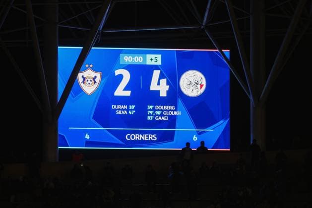 BAKU , 10-12-2025 , Tofiq Bahramov Stadion , Season 2025 2026 , UEFA Champions League football , match between FK Qarabag and Ajax Amsterdam , picture shows score board Qarabag - Ajax  x200104736x Copyright: