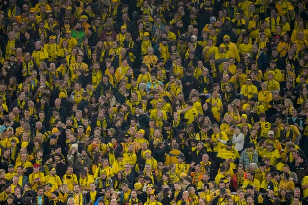 Supporters of FK Bodo Glimt during the UEFA Champions League 2025 26 League Phase MD6 match between Borussia Dortmund and FK Bodo Glimt at BVB Stadion Dortmund on December 10, 2025 in Dortmund, Germany. (Photo by Alex Gottschalk DeFodi Images)