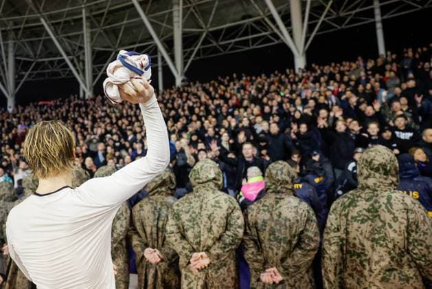 BAKU , 10-12-2025 , Tofiq Bahramov Stadion , Season 2025 2026 , UEFA Champions League football , match between FK Qarabag and Ajax Amsterdam , picture shows celebration after the match by Ajax player Kasper Dolberg Qarabag - Ajax  x200104822x Copyright:
