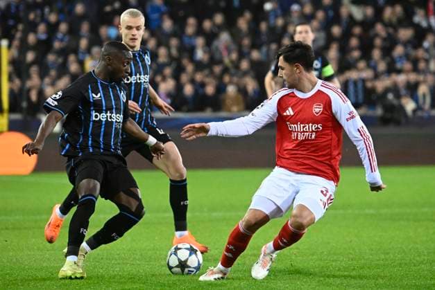 Club Brugge v Arsenal - UEFA Champions League BRUGGE, BELGIUM - DECEMBER 10 : Forbs Carlos forward of Club Brugge and Zubimendi Martin midfielder of Arsenal during the UEFA Champions League 2025 26 League Phase MD6 match between Club Brugge and Arsenal on December 10, 2025 in Brugge, Belgium, 10 12 2025 Brugge Belgium  Copyright: xPeterxDexVoechtx