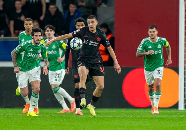 Leverkusen, BayArena, 10.12.25, GER, Herren, UEFA Champions League, Season 2025-2026, Bayer 04 Leverkusen - Newcastle United. Bild: Ibrahim MAZA (Bayer 04 Leverkusen, 30) UEFA regulations prohibit any use of photographs as image sequences and or quasi-video. Copyright: HMBxMedia xMarcoxBader