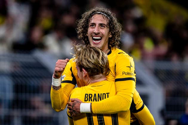Borussia Dortmund forwarder Fabio Silva, Borussia Dortmund midfielder Julian Brandt celebrating the goal 1-0, during the match Borussia Dortmund vs FK Bodo Glimt at the BVB Stadion Dortmund for the Champions League - League phase - Matchday 6 season 2025-2026 in DORTMUND, Germany on 10 December 2025, (photo by Stefan Koops EYE4images DeFodi Images)
