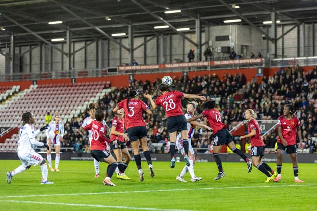 10th December 2025; Leigh Sports Village, Manchester, England; Womens Champions League Football, Manchester United, ManU versus Lyon Women; Rachel Williams of Manchester United Women heads the ball clear  TimxWilliams