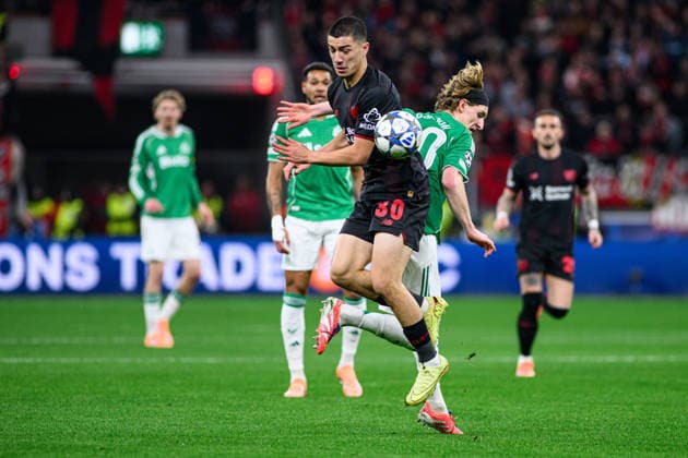 LEVERKUSEN, GERMANY - 10 DECEMBER, 2025: Ibrahim Maza, Anthony Gordon - UEFA Champions League, match Bayer 04 Leverkusen vs Newcastle United at BayArena.  Copyright: xVitaliixKliuievx