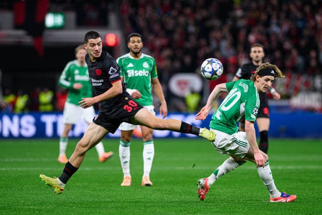 LEVERKUSEN, GERMANY - 10 DECEMBER, 2025: Ibrahim Maza, Anthony Gordon - UEFA Champions League, match Bayer 04 Leverkusen vs Newcastle United at BayArena.  Copyright: xVitaliixKliuievx