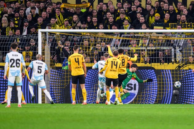 251210 Haitam Aleesami of Bodo Glimt scores 1-1 during the UEFA Champions League football match between Borussia Dortmund and Bodo Glimt on December 10, 2025 in Dortmund. Photo: Marius Simensen BILDBYRAN COP 238 MM0052 bbeng football fotball fotboll soccer uefa champions league mesterligaen bodo glimt borussia dortmund Copyright: MARIUSxSIMENSEN BB251210ZJ008