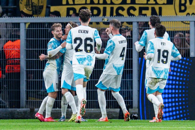 10.12.2025, Borussia Dortmund vs. FK Bodo Glimt, UEFA Champions League, 6.Spieltag Tor zum 1:1 durch Haitam Aleesami (FK Bodo Glimt 5) Regulations prohibit any use of photographs as image sequences and or quasi video Copyright: xBahhoxKarax